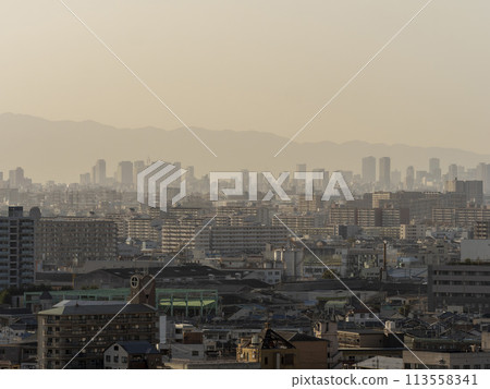 Osaka cityscape covered in yellow sand seen from a high vantage point Osaka cityscape covered in yellow sand seen from a high vantage point 113558341