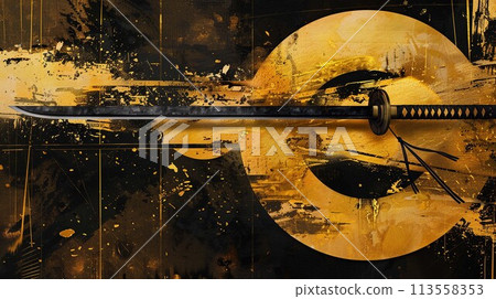A combination of gold and black ink illustration and sword A combination of gold and black ink illustration and sword 113558353