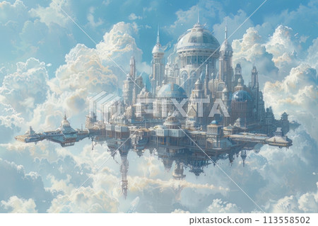 A beautiful sky city with white marble buildings and golden domes, floating in a sea of clouds. 113558502