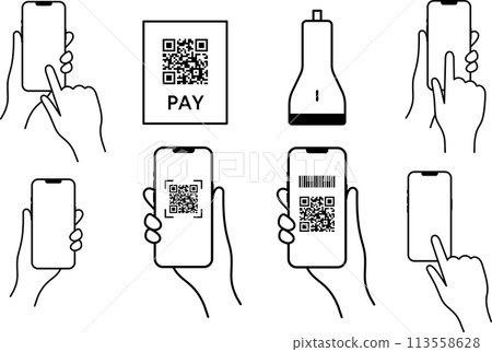 Illustration set of hands holding a smartphone Cashless payment Illustration set of hands holding a smartphone Cashless payment 113558628