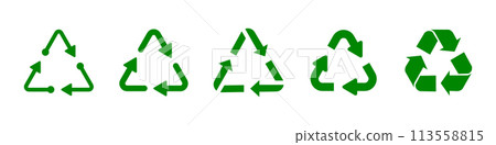 Recycling symbol set in green color. Triangle recycle arrow icon set. Triangular recycle, reuse icon set. Set of triangular recycling icons in green color isolated on white background. 113558815