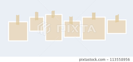 Set of photo frames glued on adhesive tape. Mood board template for mockup, poster design, banner, flyer, brochure. 6 empty square and rectangle paper note pieces collection. Vector blank memo pack 113558956