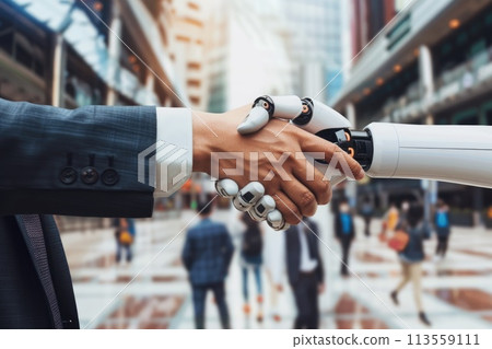 Handshake between human and robot, Futuristic business cooperate concept, Generative AI 113559111