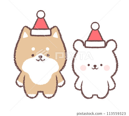 Shiba Inu and baby polar bear wearing Santa hats 113559323