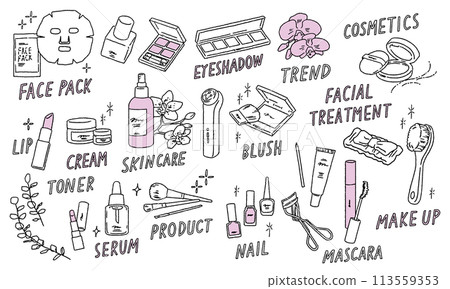 Fashionable cosmetics, skin care, blush, eyeshadow and glitter decorations and other makeup tools vector illustration Fashionable cosmetics, skin care, blush, eyeshadow and glitter decorations and other makeup tools vector illustration 113559353