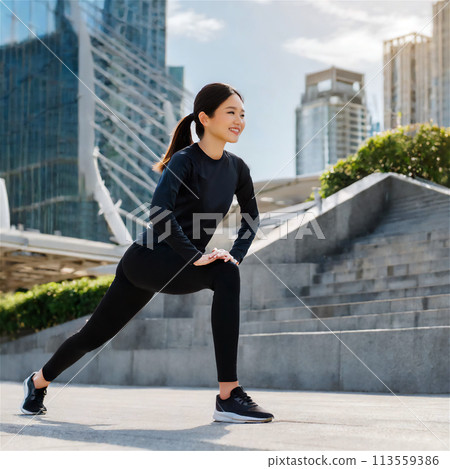 Young girl in black sportswear doing leg exercises / outdoor training 113559386