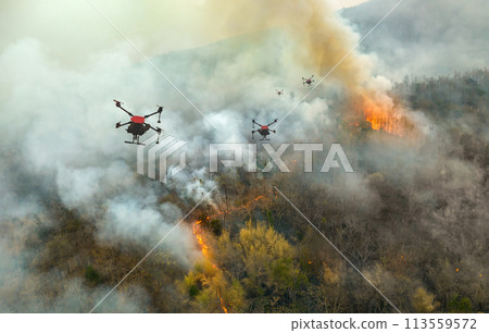 Firefighting drones spray chemical to help control wildfires. 113559572