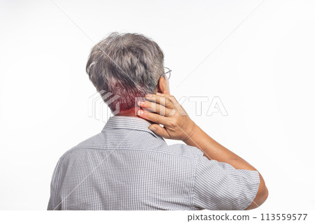 Senior man neck pain because of Cervical Spondylosis disease. Senior man neck pain because of Cervical Spondylosis disease. 113559577