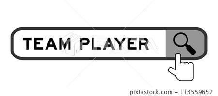 Search banner in word team player with hand over magnifier icon on white background Search banner in word team player with hand over magnifier icon on white background 113559652
