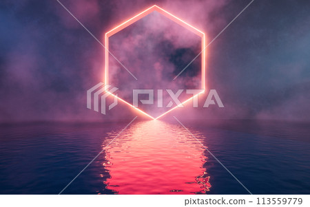 Glowing neon lines with water surface, 3d rendering. 113559779