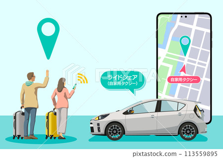 Foreign tourists ordering a taxi/ride-sharing vehicle via smartphone / Image of the Japanese version of ride-sharing Foreign tourists ordering a taxi/ride-sharing vehicle via smartphone / Image of the Japanese version of ride-sharing 113559895