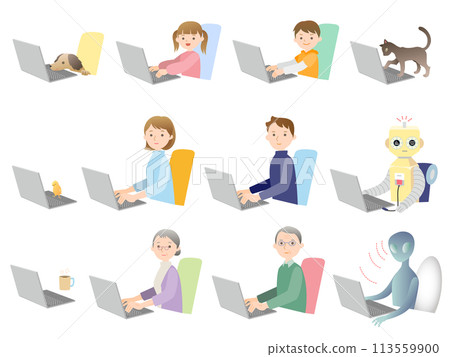 一個人在電腦前工作並與朋友一起玩耍 113559900