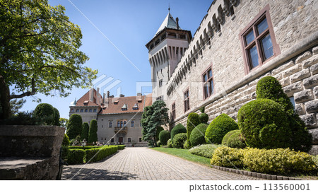 Fairy tale looking beautiful preserved medieval castle with garden in front of it, Slovakia Fairy tale looking beautiful preserved medieval castle with garden in front of it, Slovakia 113560001