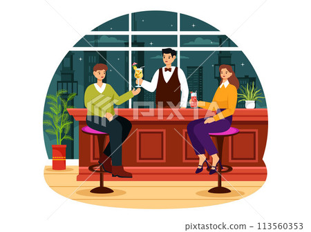 Cocktail Bar or Nightclub Vector Illustration of Friends Hanging Out with Alcoholic Fruit Juice Drinks or Cocktails in Flat Cartoon Background 113560353