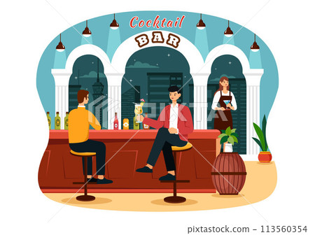 Cocktail Bar or Nightclub Vector Illustration of Friends Hanging Out with Alcoholic Fruit Juice Drinks or Cocktails in Flat Cartoon Background 113560354