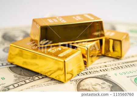 Gold bar on US dollar banknotes money and graph, economy finance exchange trade investment concept. 113560760