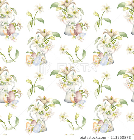 White lilies in ceramic jug watercolor isolated on white. White flower botanical in pitcher seamless pattern hand drawn. Lily bunch Christian symbol. Design for Easter, textile, wrapping paper 113560878