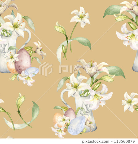 White lilies in ceramic jug watercolor isolated on beige. White flower botanical in pitcher seamless pattern hand drawn. Lily bunch Christian symbol. Design for Easter, textile, wrapping paper 113560879