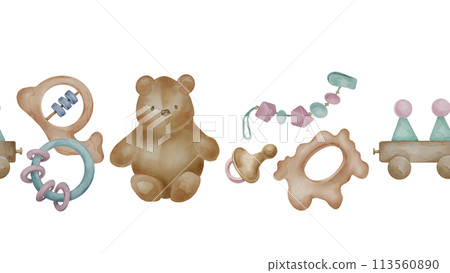 Toys for little children in neutral colors seamless border isolated on white. Soft teddy bear, beanbag hand drawn. Stacking train toddler toy in pastel colors. Elements for print, decoration room 113560890