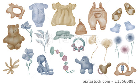 Set with baby clothes and accessories in watercolor isolated on white background. Baby toys and floral elements in neutral color hand drawn . Baby outfit in pastel shades. Elements for birthday party Set with baby clothes and accessories in watercolor isolated on white background. Baby toys and floral elements in neutral color hand drawn . Baby outfit in pastel shades. Elements for birthday party 113560893