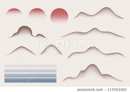 Grainy gradient mountains sun and sea vector set of elements. Dotted spray halftone effect with dust texture. Grunge moon and dissolve fade landscape. Retro Japanese design 113561002
