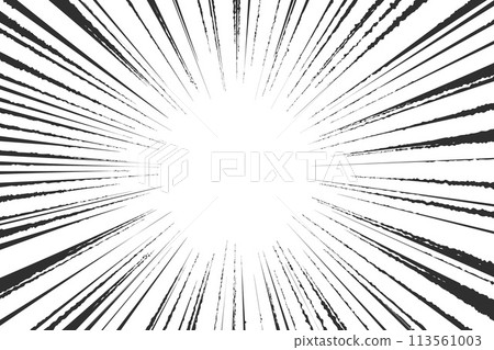 Speed lines in frame for manga comics book. Radial motion background. Monochrome explosion and flash glow. Vector concentric textured illustration 113561003
