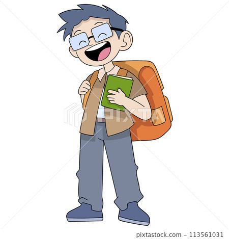 young nerdy boy wearing glasses carrying a backpack goes to campus to study young nerdy boy wearing glasses carrying a backpack goes to campus to study 113561031