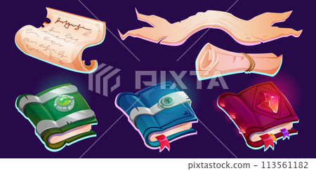 Old magic book and parchment scroll 113561182