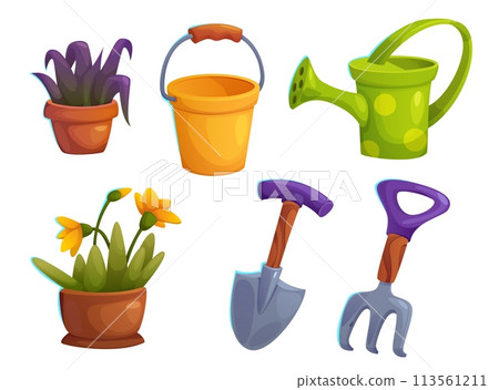 Greenhouse garden rake, shovel and flower vector 113561211