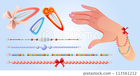 Bead bracelet on hand and girl accessory vector Bead bracelet on hand and girl accessory vector 113561212