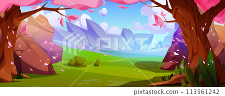 Beautiful park with sakura trees and rocky stones 113561242