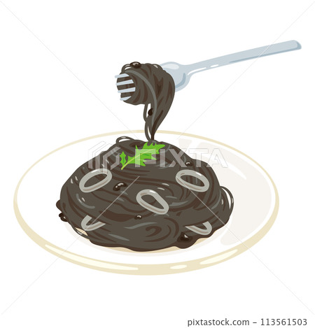 Squid ink pasta being lifted with a fork 113561503