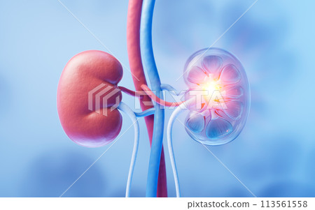 Kidney with biology and health care concept, 3d rendering. Kidney with biology and health care concept, 3d rendering. 113561558