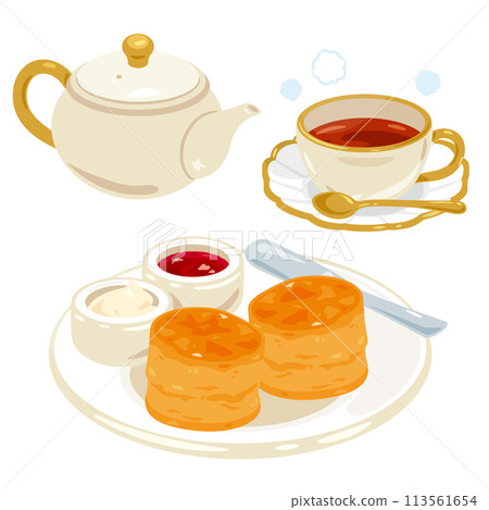 盤子裡放著一套烤餅和熱茶 113561654