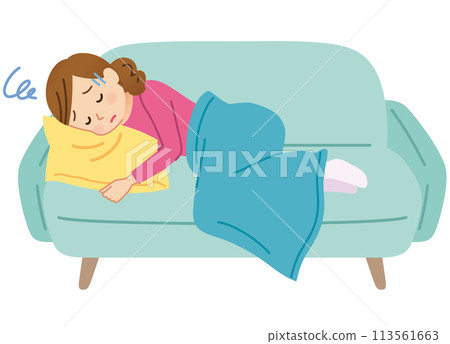 A woman lying on the sofa looking tired and unwell 113561663