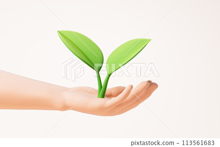 Cartoon style leaf in a hand, 3d rendering. 113561683