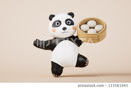 Cartoon panda and Chinese food baozi, 3d rendering. 113561843