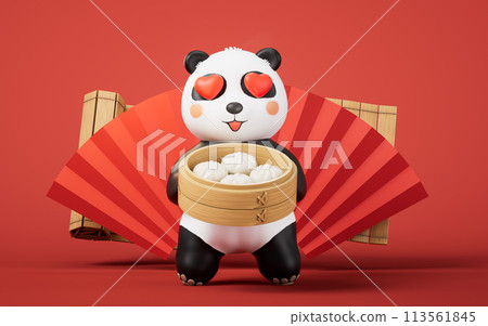 Cartoon panda and Chinese food baozi, 3d rendering. 113561845