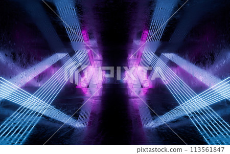 Glowing neon lines tunnel, 3d rendering. 113561847