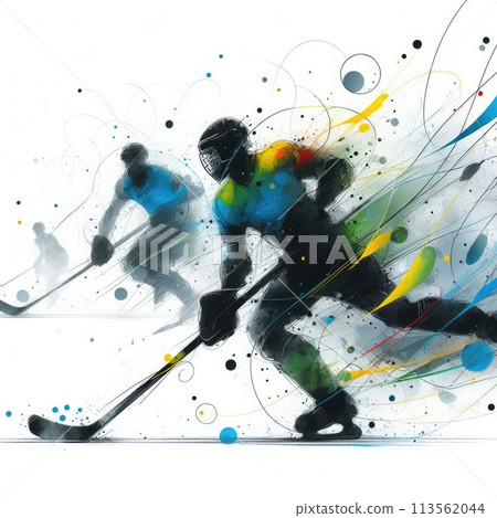 Hockey player in watercolor illustration with Generative AI. 113562044