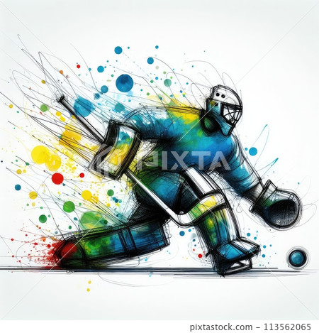 Hockey player in watercolor illustration with Generative AI. 113562065