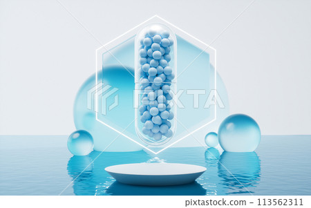 Capsule and water surface, 3d rendering. Capsule and water surface, 3d rendering. 113562311
