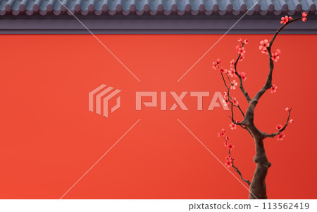 Plum blossom with Chinese ancient wall, 3d rendering. Plum blossom with Chinese ancient wall, 3d rendering. 113562419