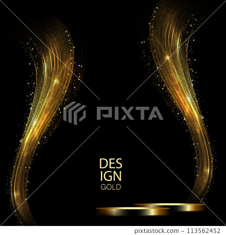 Gorgeous illustration with golden shade arc, isolated round podium, shiny tinsel 113562452