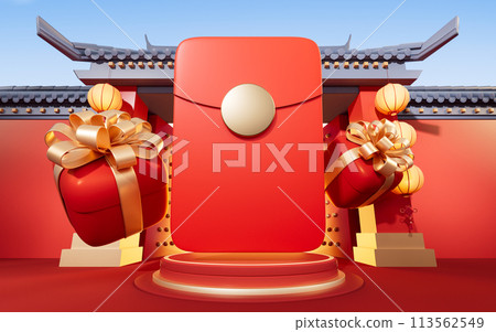 Red package with Chinese ancient building background, 3d rendering. 113562549
