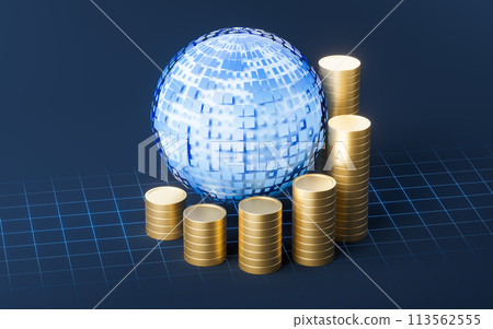 Digital earth with golden coins, 3d rendering. Digital earth with golden coins, 3d rendering. 113562555