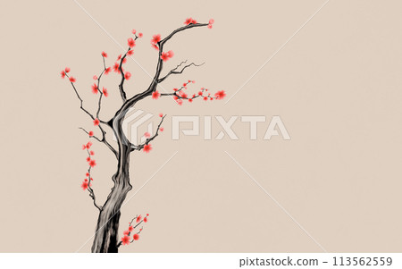 Plum blossom with Chinese ink painting style, 3d rendering. Plum blossom with Chinese ink painting style, 3d rendering. 113562559