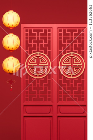 Ancient Chinese door with glow lanterns, 3d rendering. 113562663