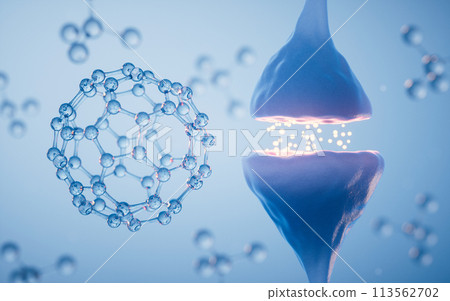 Synapse of neuron cell, biology concept, 3d rendering. Synapse of neuron cell, biology concept, 3d rendering. 113562702