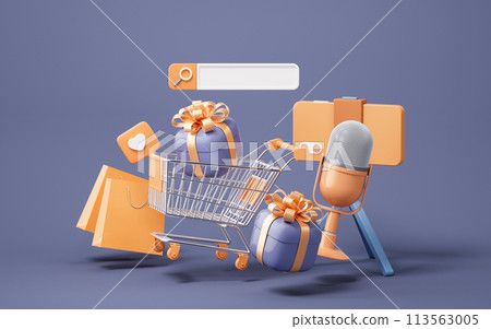 Microphone live streaming and gift boxes, 3d rendering. Microphone live streaming and gift boxes, 3d rendering. 113563005